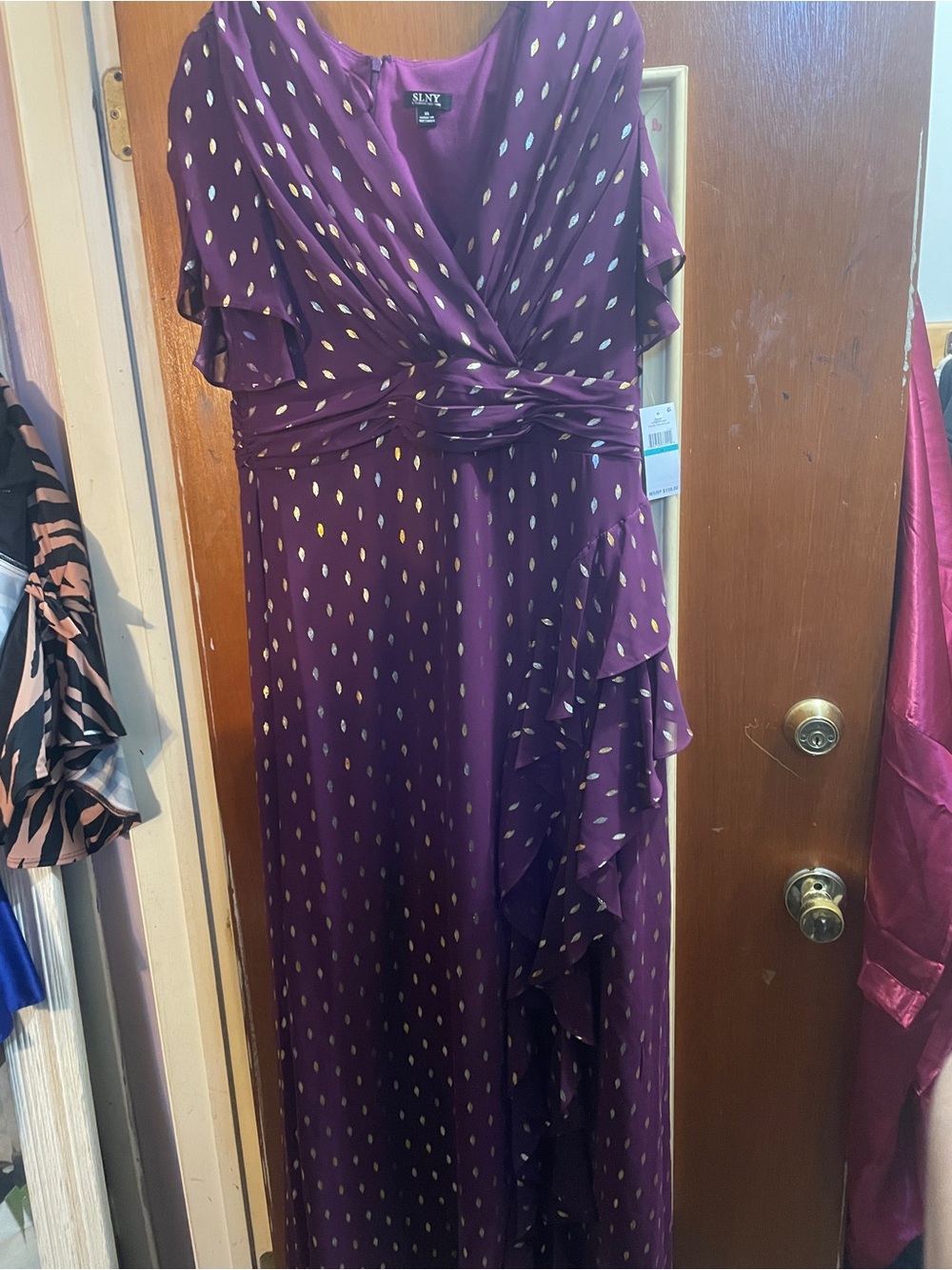 SLNY Purple Maxi Dress with Gold Dot Print and Ruffle Detail